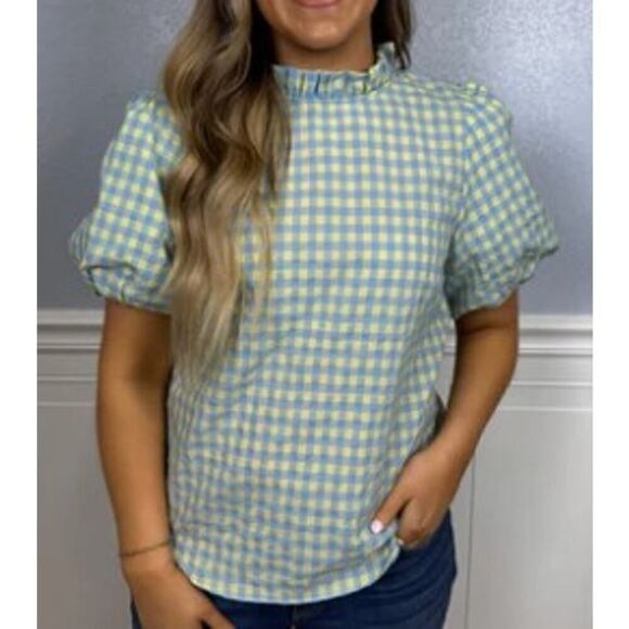 Anniewear Tops - Anniewear Yellow Blue Gingham Puff Sleeve Top Sz. L